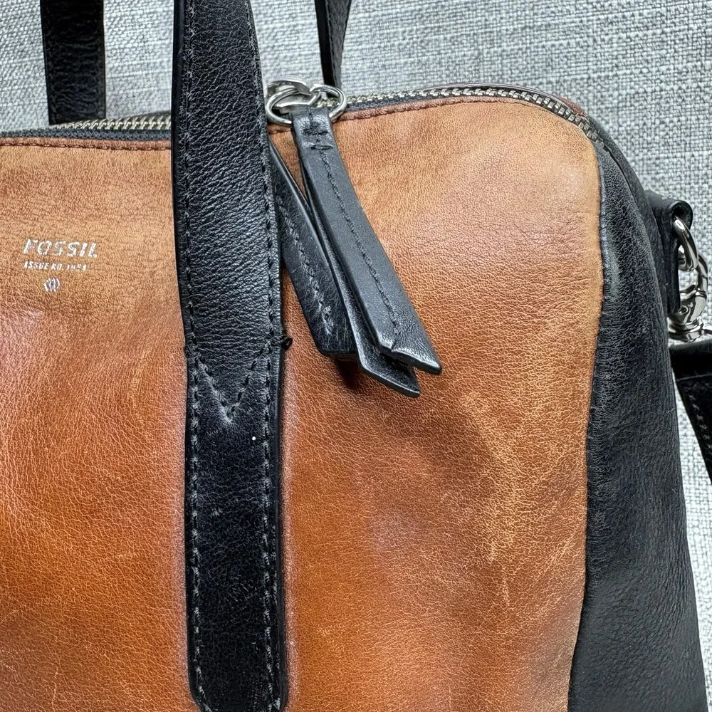 Fossil Sydney Satchel Brown Black Leather Crossbody Bag Two Tone Boho Purse